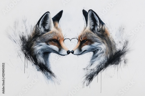 A whimsical drawing of two animals, like foxes or rabbits, forming a heart shape with their tails, with simple details on a clean white canvas photo