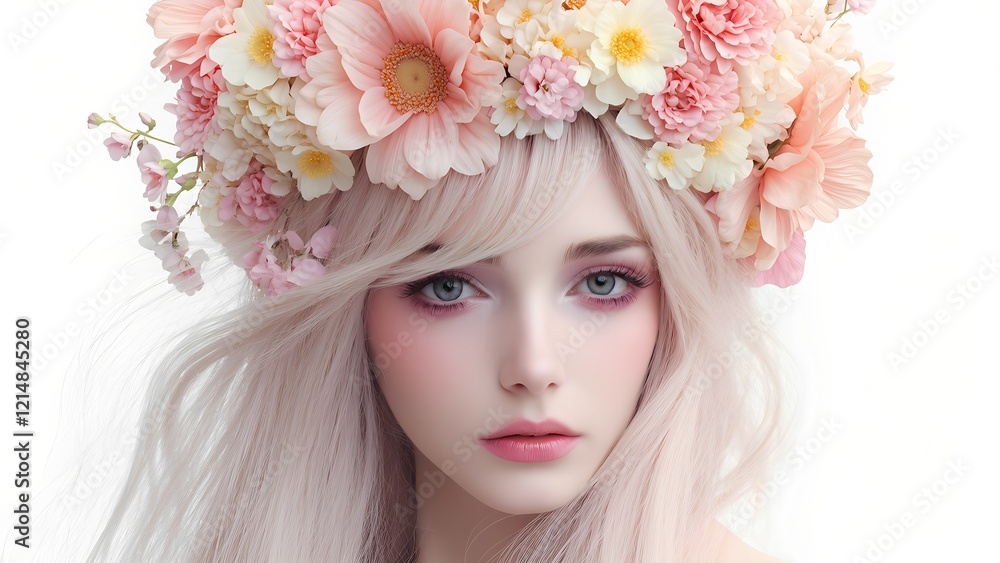 This collage combines four distinct pictures, each showcasing unique flower headdresses on individuals with blurred faces. The backgrounds range from warm, glowing hues to dark, moody tones, creating This collage combines four distinct pictures, each showcasing unique flower headdresses on individuals with blurred faces. The backgrounds range from warm, glowing hues to dark, moody tones, creating
