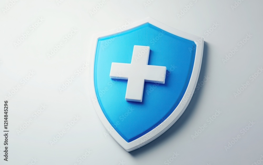Minimalist 3D icon of a shield with a prominent plus symbol in the center, using a blue and white color scheme, isolated on a pure white background. Minimalist 3D icon of a shield with a prominent plus symbol in the center, using a blue and white color scheme, isolated on a pure white background.