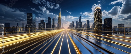 Sleek cityscape with gold glowing pathways and smooth steel roads dark blue sky with clouds illustration background design