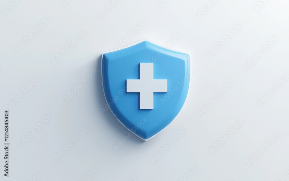 Obraz premium Minimalist 3D icon of a shield with a prominent plus symbol in the center, using a blue and white color scheme, isolated on a pure white background. 