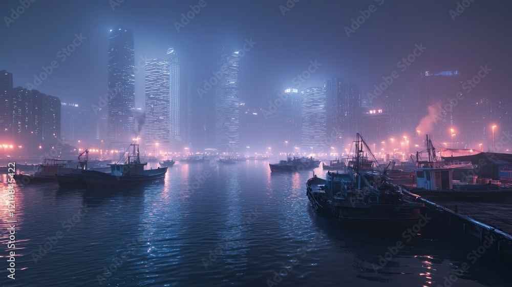 Naklejka premium Urban Serenity: Bustling Night Harbor with Fishing Boats and Glowing Skyscrapers in Cinematic Ultra-Detailed Shot