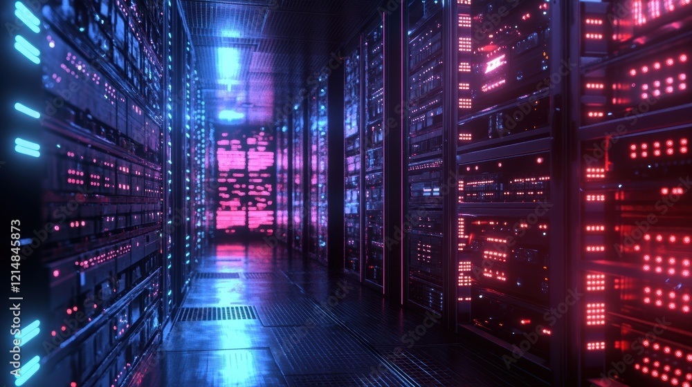 Glowing neon lights casting vibrant hues across server racks in a modern data center, enhancing the futuristic technological atmosphere and highlighting advanced network infrastructure Glowing neon lights casting vibrant hues across server racks in a modern data center, enhancing the futuristic technological atmosphere and highlighting advanced network infrastructure