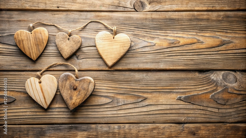 Wooden heart-shaped decorations on a rustic wooden table, decorations, decor, decorations, decor Wooden heart-shaped decorations on a rustic wooden table, decorations, decor, decorations, decor