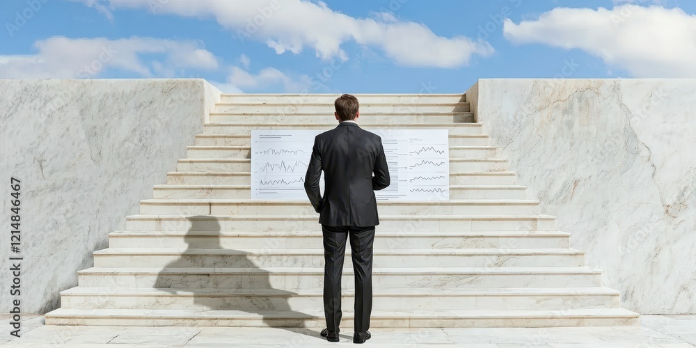 A businessman stands before a staircase and a blueprint under a blue sky. A businessman stands before a staircase and a blueprint under a blue sky.