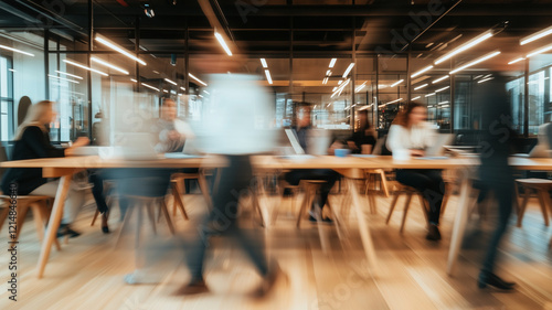 dynamic office environment with blurred motion, showcasing professionals engaged in discussions and teamwork. modern workspace emphasizes collaboration and productivity