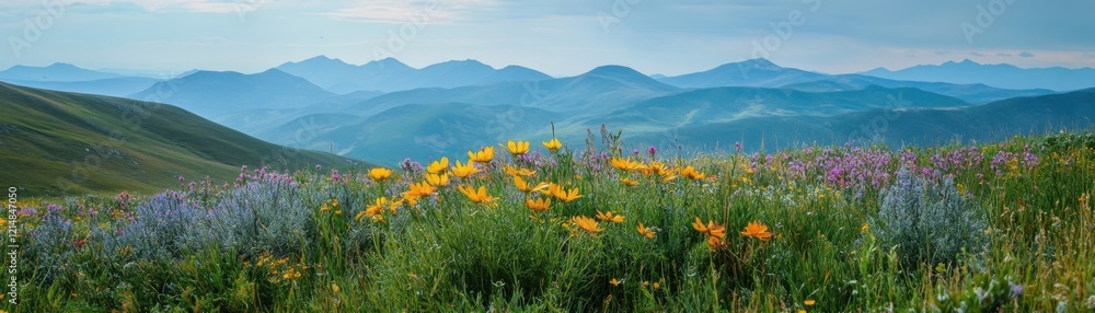 Fototapeta premium Vibrant wildflowers bloom in a serene mountain landscape.