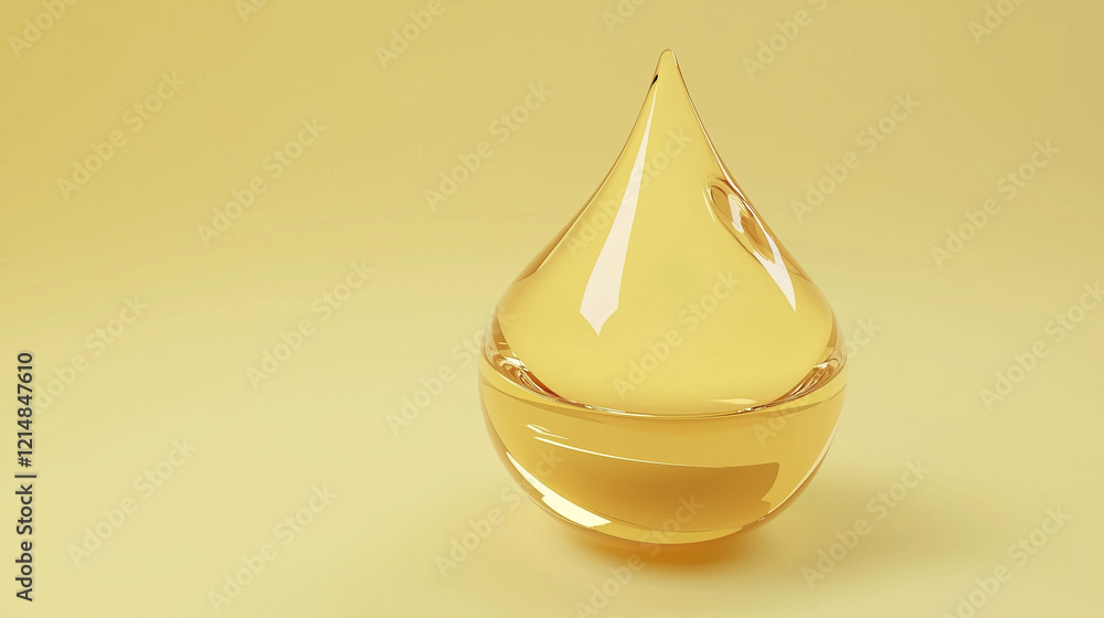 a single golden droplet of liquid on a yellow background, resembling honey or oil drop, glistening under the light. The droplet's shape and texture evoke feelings of hydration and purity a single golden droplet of liquid on a yellow background, resembling honey or oil drop, glistening under the light. The droplet's shape and texture evoke feelings of hydration and purity