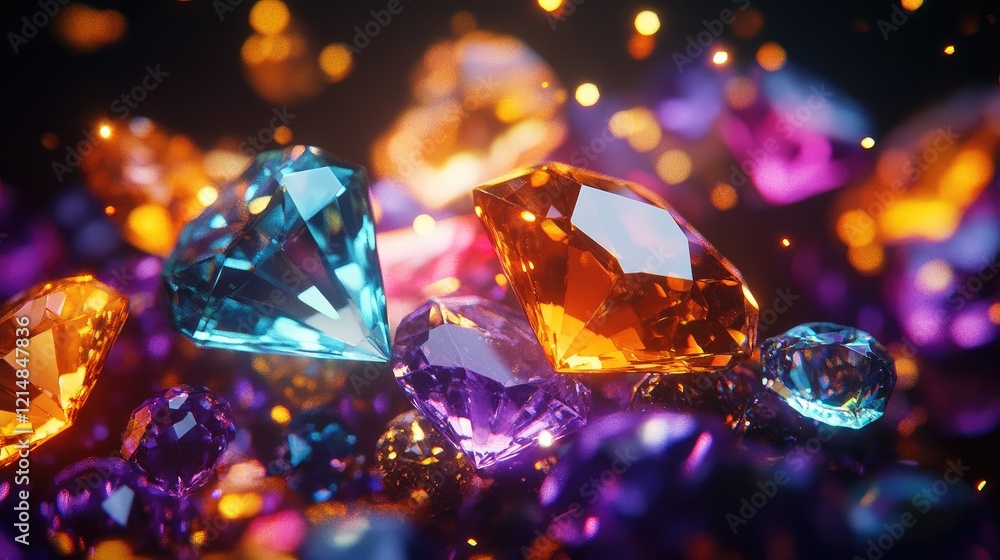 Close-up of vibrant gemstones in various shapes and cuts, radiating luxury on a sleek dark background Close-up of vibrant gemstones in various shapes and cuts, radiating luxury on a sleek dark background