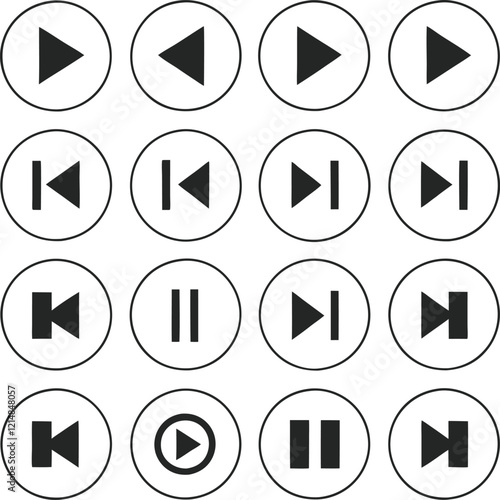 A collection of various audio control icons, including play, pause, next, and previous, displayed in a grid pattern on a white background.