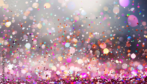 color background with multicolored confetti in vibrant hues of pink, orange, purple, and blue against a softly blurred neutral background with bokeh effect, concept of parties, celebrations, festive e photo