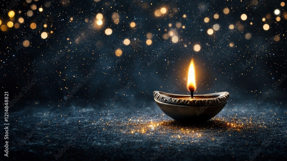 Elegant candle flame in decorative bowl illuminating a dark background filled with sparkling bokeh lights and shimmering particles creating a magical ambiance Elegant candle flame in decorative bowl illuminating a dark background filled with sparkling bokeh lights and shimmering particles creating a magical ambiance