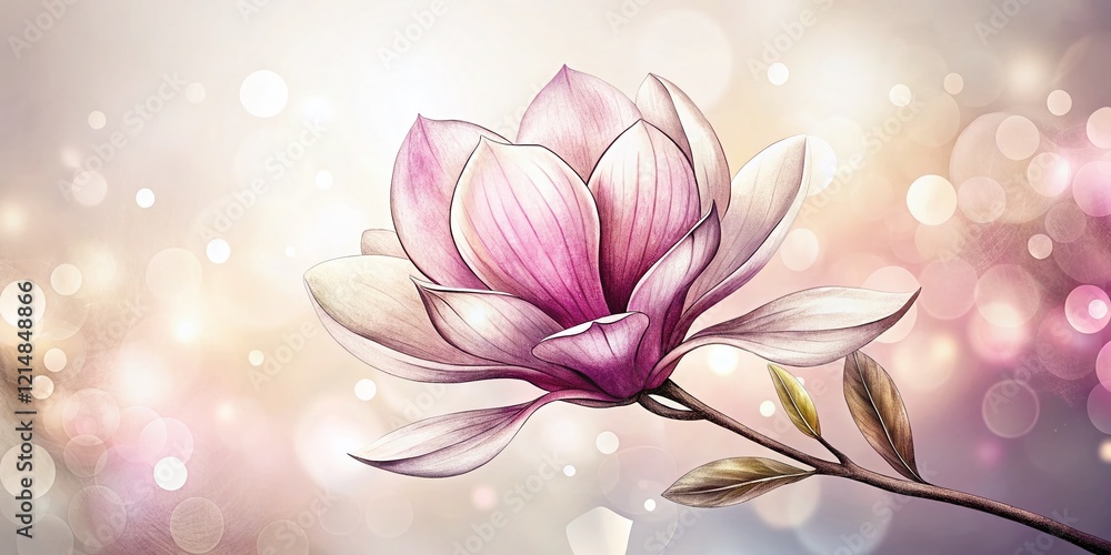 Naklejka premium Delicate Magnolia Flower Outline: Hand-Drawn Coloring Page, Design Element, Bokeh Background