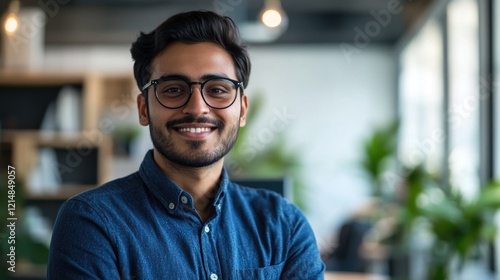 Young man wearing glasses posing for corporate portrait with smile.