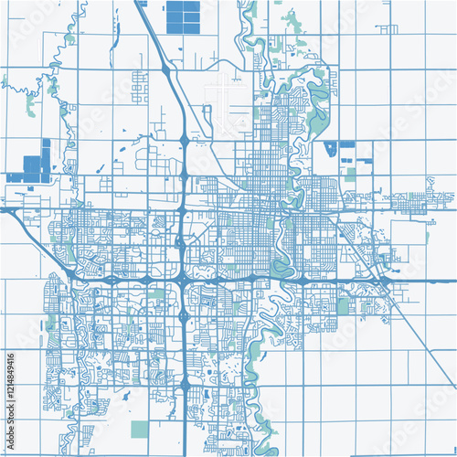 Map of Fargo in North Dakota in a professional blue style. Contains layered vector with roads water, parks, etc.