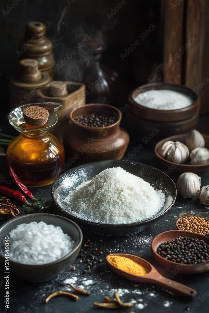 Various spices in a wooden bowl on a dark wood table. Collection for cooking. Various spices in a wooden bowl on a dark wood table. Collection for cooking.
