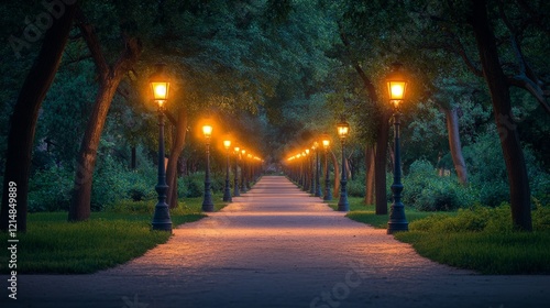 A peaceful night scene of a park path illuminated by warm streetlights, symbolizing solitude and reflection. Ideal for urban tranquility, relaxation themes, and outdoor lifestyle visuals.