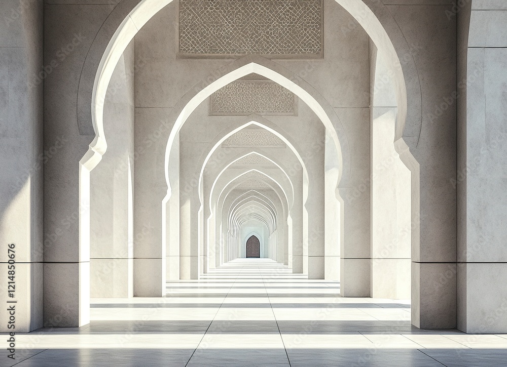 A white background with Islamic-inspired patterns and arches, a long corridor in the center of which there is an empty space for text or product display. A white background with Islamic-inspired patterns and arches, a long corridor in the center of which there is an empty space for text or product display.