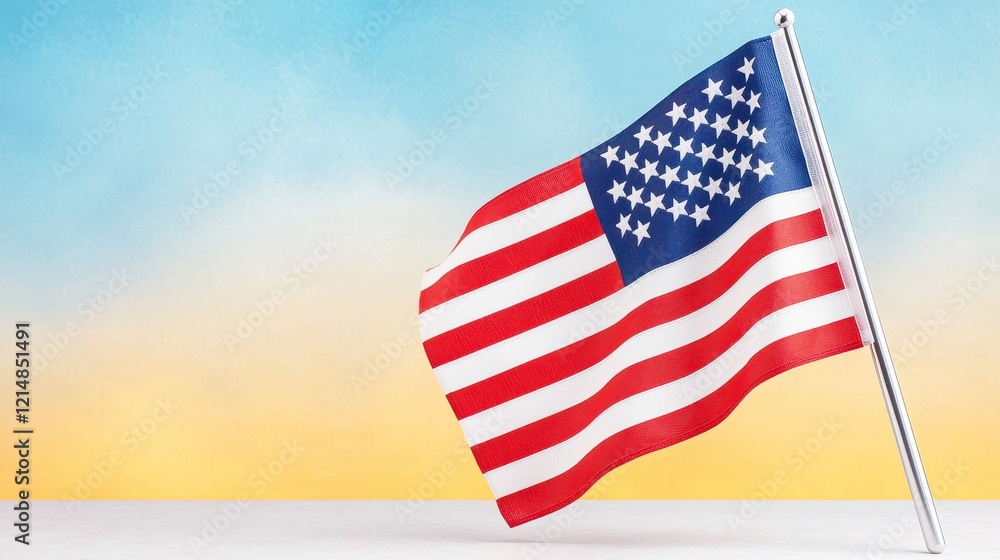 Obraz premium Flag displayed on a table with a clear blue sky in the background during daylight hours