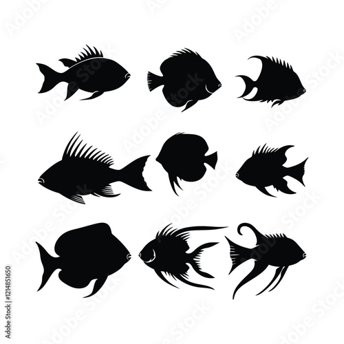 Fish Black Silhouettes set Clipart on a white Background