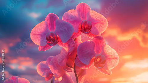 A vibrant orchid bouquet held against the backdrop of a stormy sky, with dramatic lighting highlighting the intricate petals, during an intense weather moment
