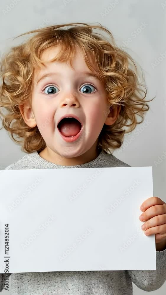Cute little kid holding A4 paper in studio on light gray background video 4k Cute little kid holding A4 paper in studio on light gray background video 4k