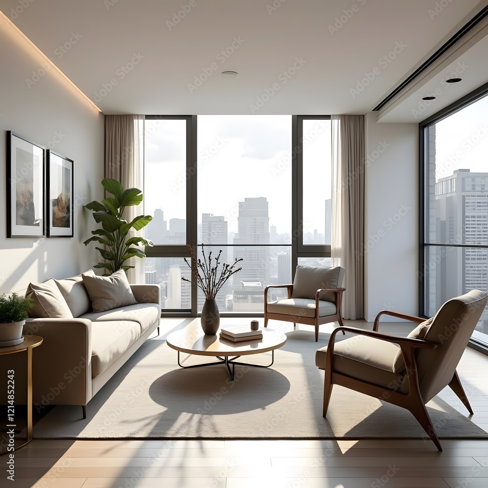 Fototapeta premium Urban Oasis Modern Living Room with Sleek Furniture and Sun-Drenched Ambiance