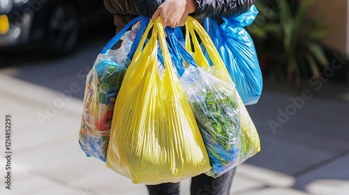 photo of a person carrying reusable shopping bags filled with groceries, promoting sustainable consumption habits and reducing plastic waste. Copy space. Recycling waste, conserving the environment 