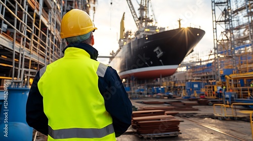 Worker observing the construction of a large ship at a busy shipyard