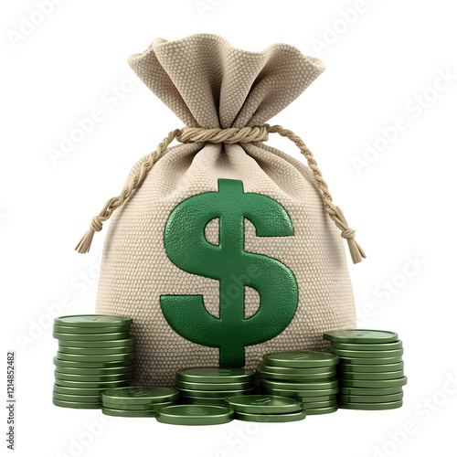 A money bag with green stacked coins realistic 3D isolated on transparent background