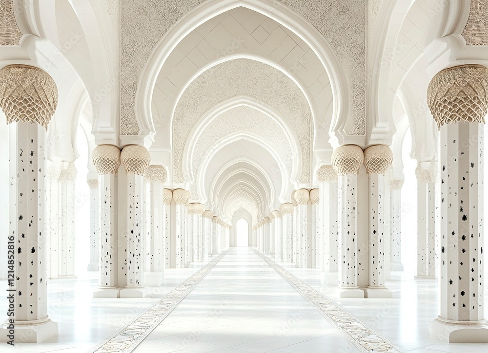 Fototapeta premium A white background with Islamic-inspired patterns and arches, a long corridor in the center of which there is an empty space for text or product display. 