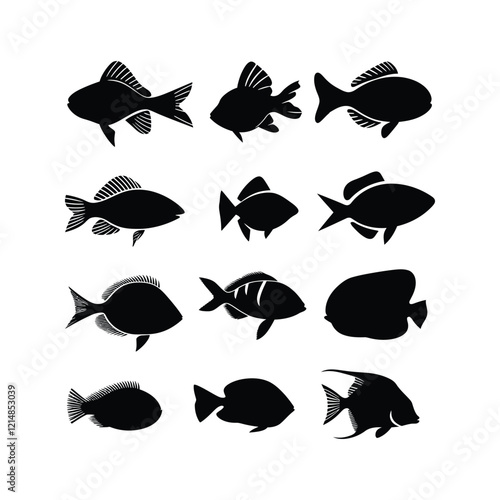 Fish Black Silhouettes set Clipart on a white Background