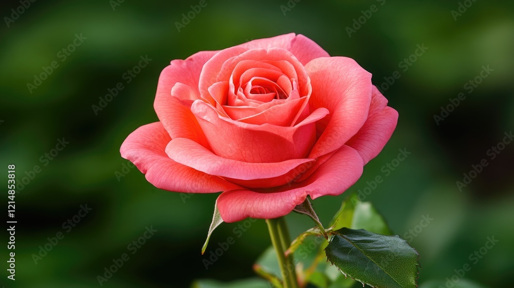 Beautiful Blooming Pink Rose in a Garden Under Natural Sunlight. A vibrant pink rose in full bloom gracefully displayed against a lush green background. Beautiful Blooming Pink Rose in a Garden Under Natural Sunlight. A vibrant pink rose in full bloom gracefully displayed against a lush green background.