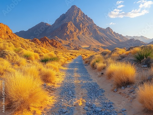 A desert road leads toward a rugged mountain peak under a clear blue sky photo