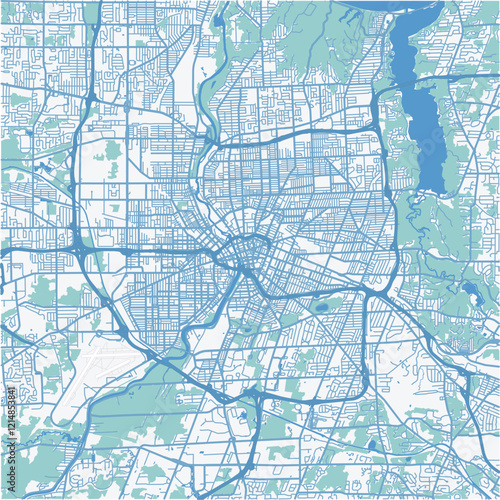 Map of Rochester in New York in a professional blue style. Contains layered vector with roads water, parks, etc.