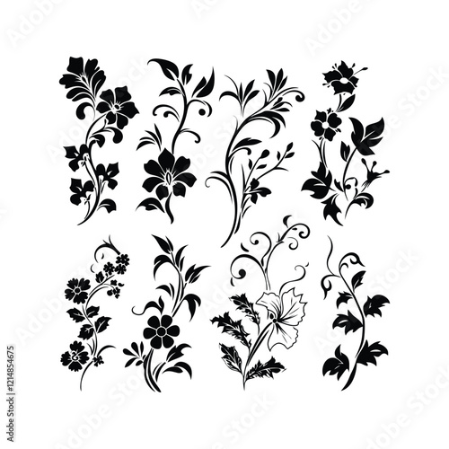 Floral Ornament Silhouette set Clipart on a white Background
