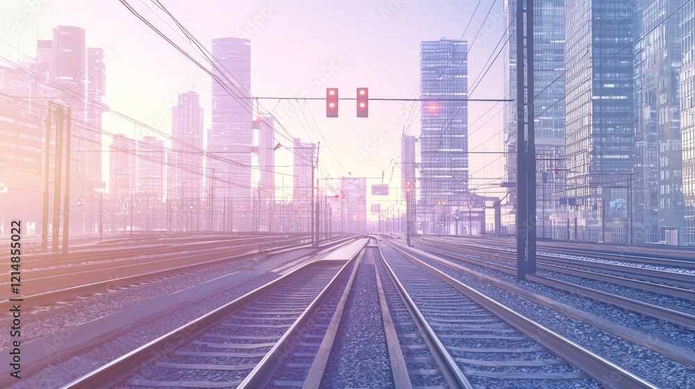 Fototapeta premium Urban Transit Motion: Vibrant Train Crossing Amidst Towering Skyscrapers in a Cinematic Setting