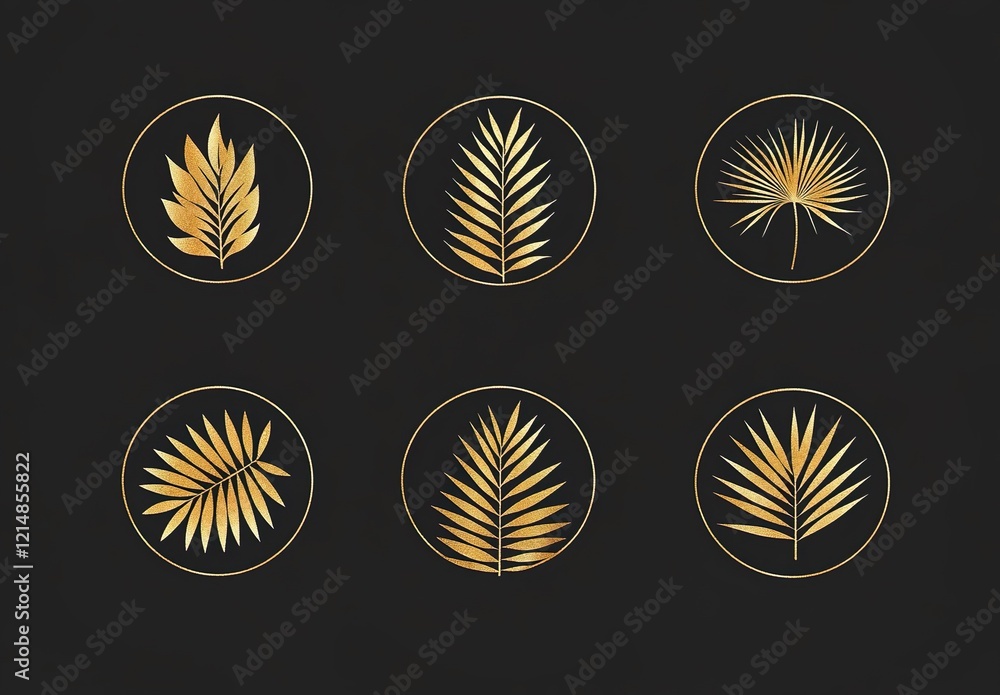 Fototapeta premium Set of Logos with Golden tropical palm leaf. Round frame