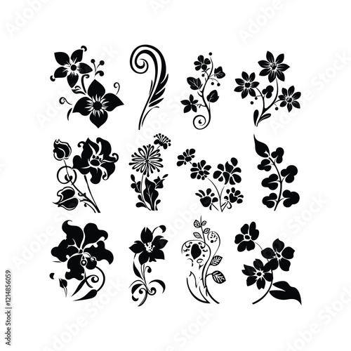 Floral Ornament Silhouette set Clipart on a white Background