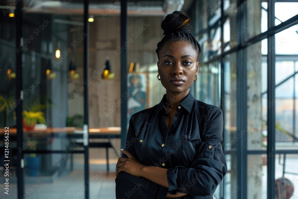 Fototapeta premium A young, confident businesswoman in a professional black blazer standing in an office environment. She is looking off to the side with a strong posture, indicating she might be a manager or executive.