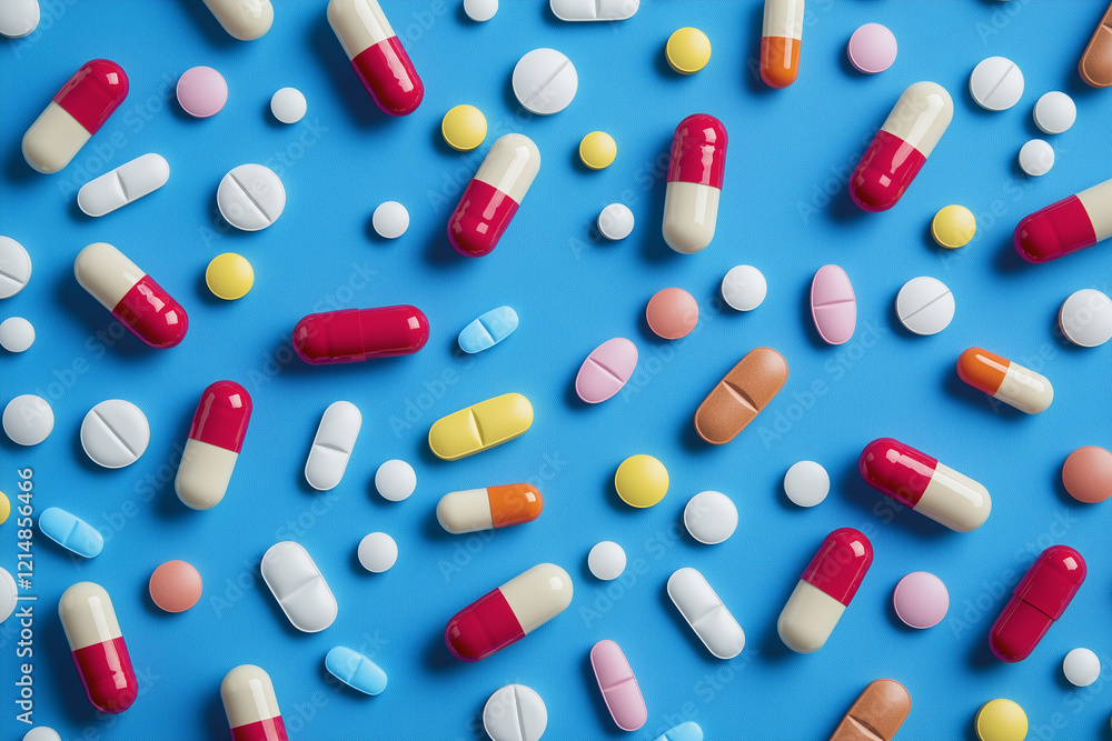 Various Medication And Supplements On Blue Surface Various Medication And Supplements On Blue Surface