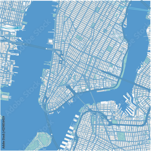 Map of Lower Manhattan in New York in a professional blue style. Contains layered vector with roads water, parks, etc.