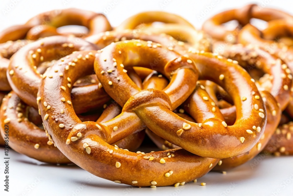 Delicious Golden Brown Pretzels Isolated on White Background with Bokeh Effect Delicious Golden Brown Pretzels Isolated on White Background with Bokeh Effect