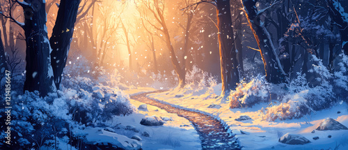 Picturesque winter forest pathway bathed in golden sunlight. Snow-covered trees and frosty bushes create sirenity magical atmosphere. Landscape background. Generative ai photo