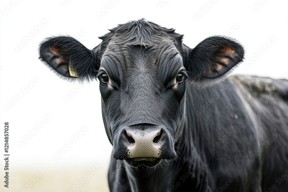 A young calf looking straight ahead, set against a rural backdrop of grass and sky. A young calf looking straight ahead, set against a rural backdrop of grass and sky.