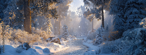 Picturesque winter forest pathway bathed in golden sunlight. Snow-covered trees and frosty bushes create sirenity magical atmosphere. Landscape background. Generative ai photo