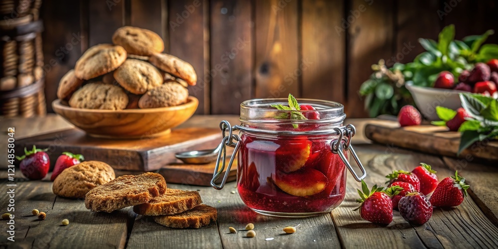 Fototapeta premium Delicious Homemade Cookies with Nuts in Strawberry Marmalade Jar - Architectural Photography