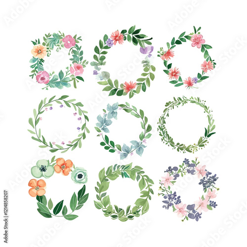 Floral Spring Wreath illustration Clipart on a white Background