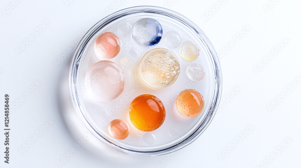 Close up of colorful experimental biotech elements in petri dish, showcasing various sizes and textures of gel like spheres. arrangement creates visually appealing scientific aesthetic Close up of colorful experimental biotech elements in petri dish, showcasing various sizes and textures of gel like spheres. arrangement creates visually appealing scientific aesthetic