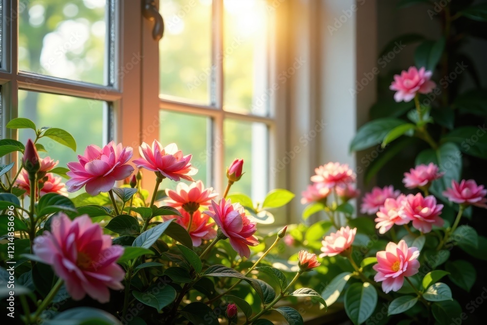 Sunlight streaming through window onto blooming flowers, tranquility, courage, focus Sunlight streaming through window onto blooming flowers, tranquility, courage, focus